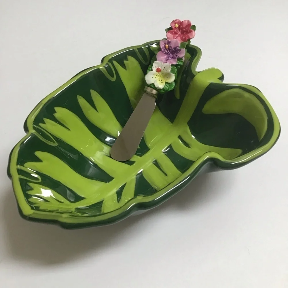 Tropical Leaf Serving Bowl Floral Spreader Green Ceramic Dip Fruit Hawaii Luau